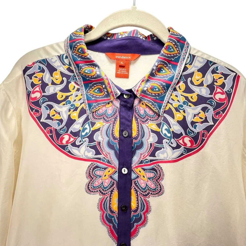 Sundance XL 100% Silk Button Up Blouse Ivory Whimsical Paisley Semi Sheer Collar - Picture 3 of 10